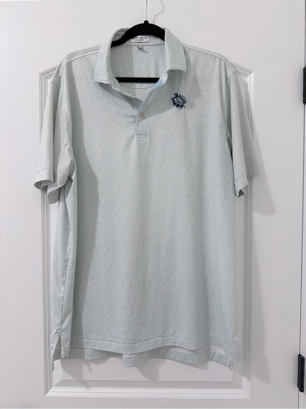 Men’s Peter Millar Summer Comfort Polo White with print and Navy Logo Size Large